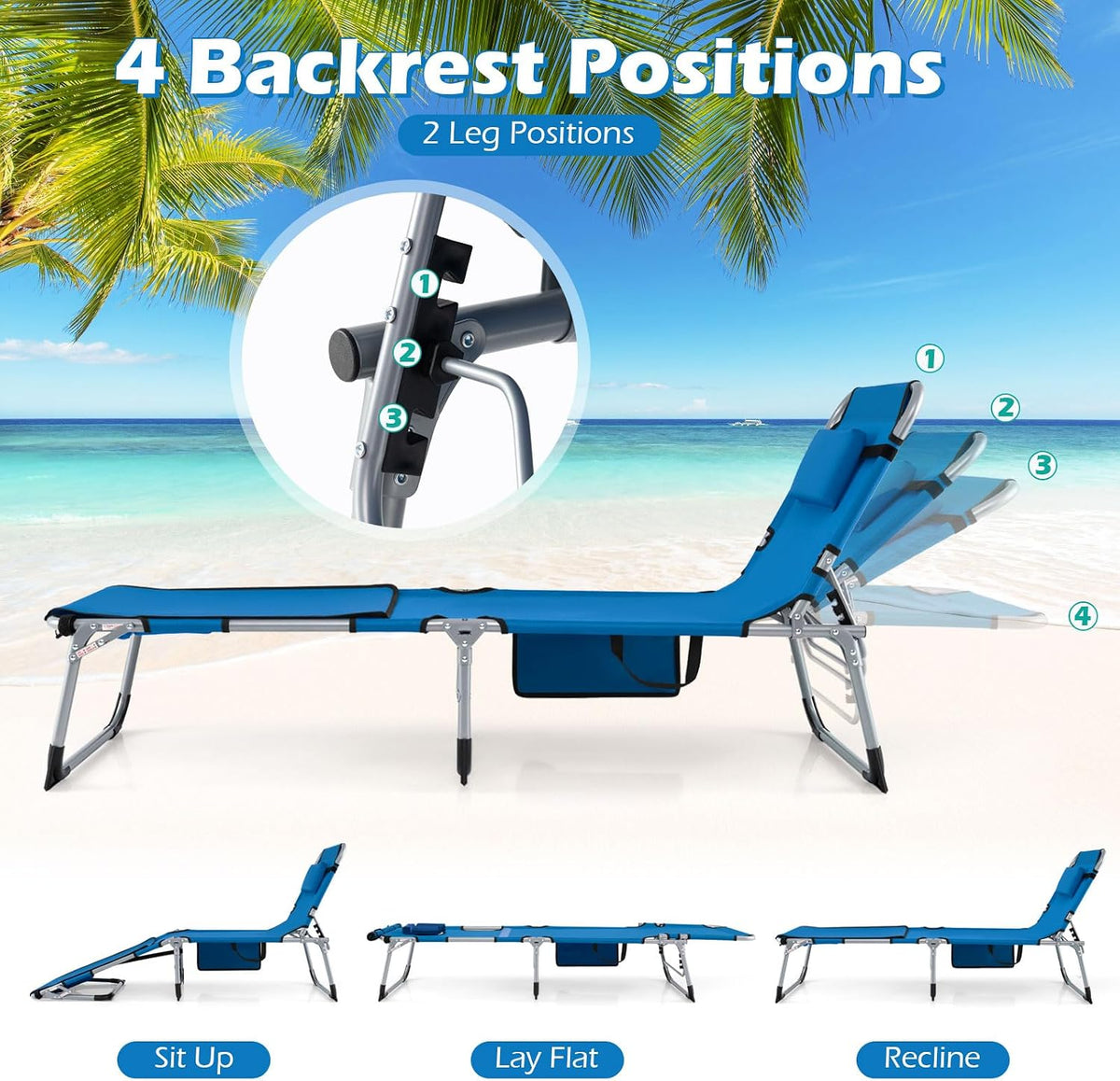 GYMAX Tanning Chair, 3 in 1 Sun Bathing Lounge Chairs with Face/Arm Holes & Side Pocket, Portable Lightweight Face Down Layout Tanning Chair for Outside, Beach, Backyard, Poolside (2, Blue)