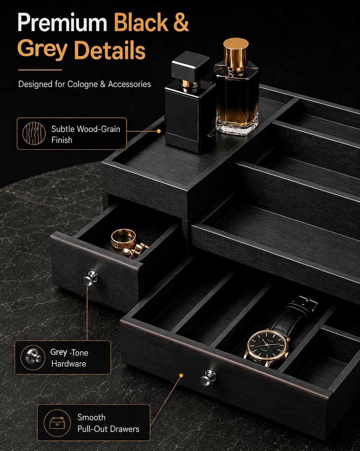 2-Drawer Cologne Organizer for Men, Fully Assembled, Solid Pine, Black/Gray