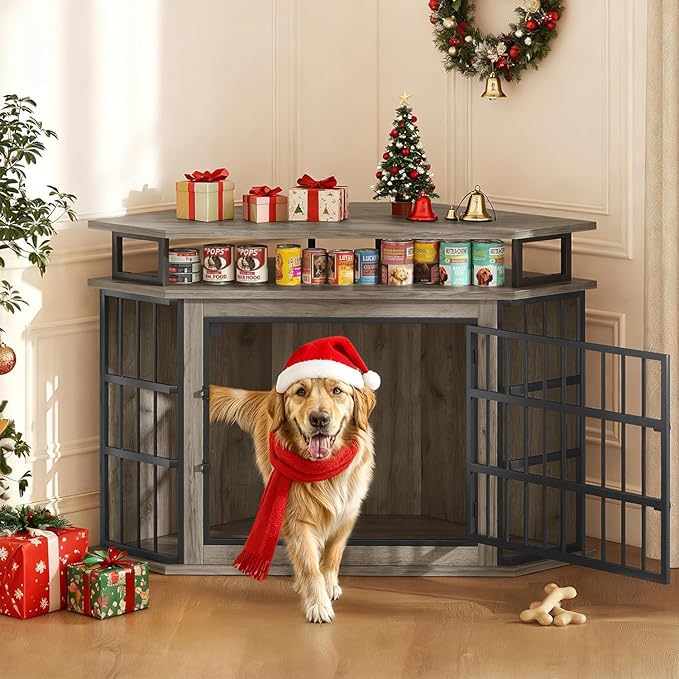 Corner Dog Crate Furniture with 2-Tier Shelves 51" Large Dog Kennel Indoor Wooden TV Stand Modern Dog Cage Decorative Pet House