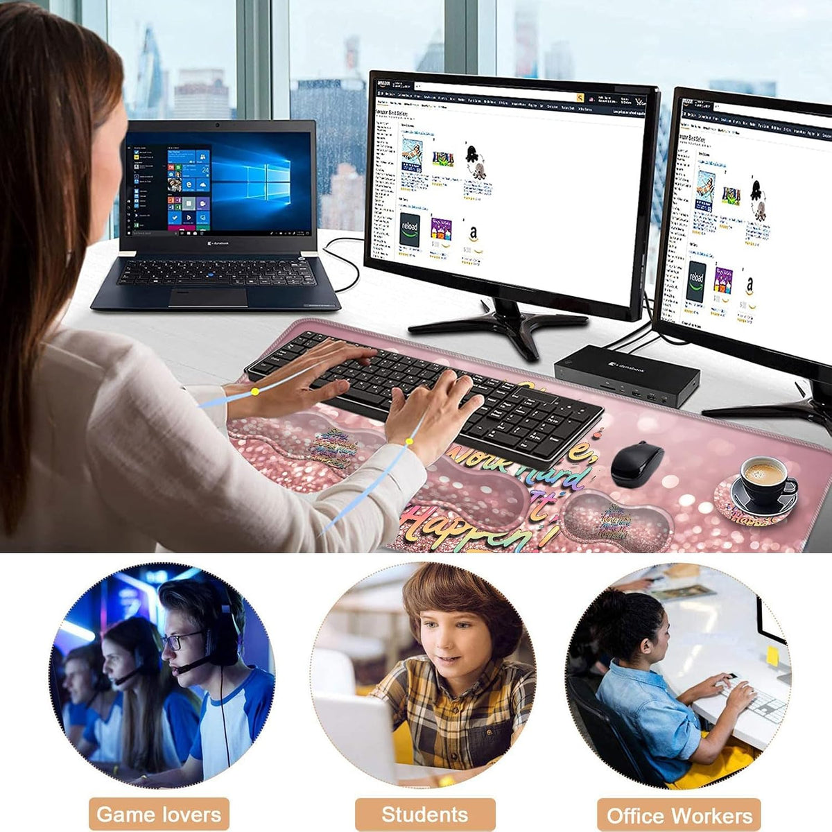 Keyboard Wrist Rest and Mouse Pad with Wrist Support Set Ergonomic Coaster,Memory Foam,Easy Typing Pain Relief,XL Desk Mat 31.5"x 11.8",Stay Positive Work Hard and Make It Happen Inspirational Quotes