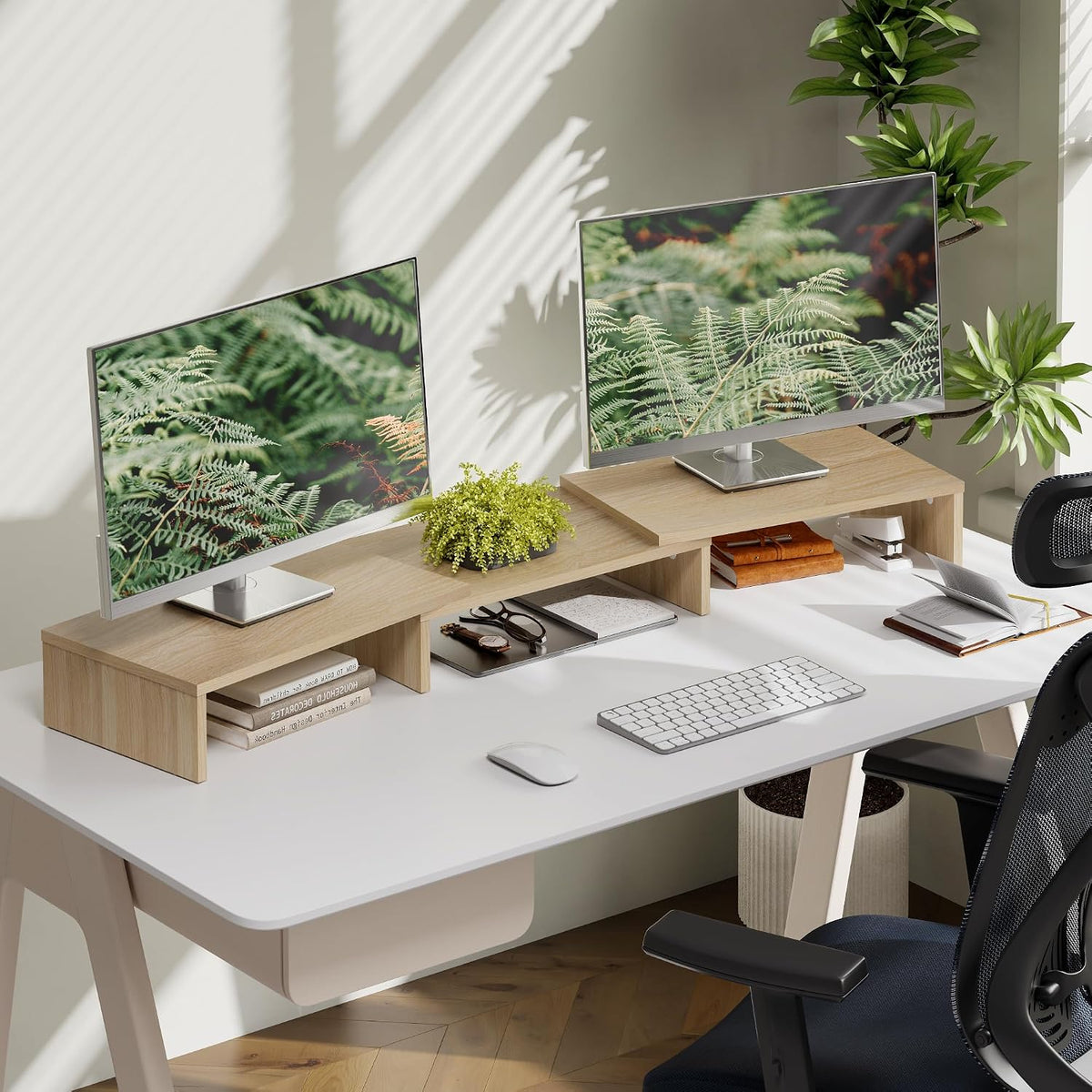 FITUEYES Dual Monitor Stand Riser, Adjustable Length and Angle, Oak