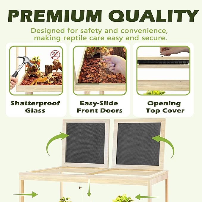 PROLEE Bearded Dragon Tank with Leg,Tempered Glass Lizard Tanks and Reptile Enclosure,Up to 78 Gallon Reptile Tank with Metal Mesh and Lockable Door for Snakes,Chameleon (Oak, 31Gallons,32inch)