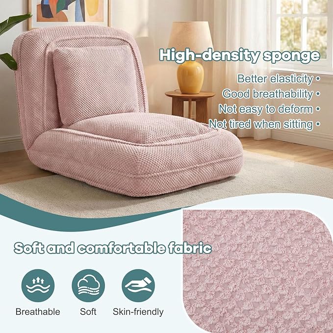 Human Dog Bed for Adults & Pets, 5-Position Adjustable Floor Chair, Convertible Lazy Sofa Bed with Metal Frame & 2 Pillows, Plush Gaming Lounge for Living Room Bedroom Office (Pink)