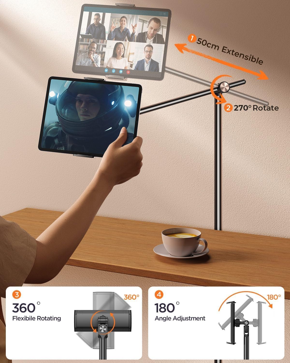 DIMONCOAT [Height-Adjustable & 360° Rotation Tablet Floor Stand Stable Base