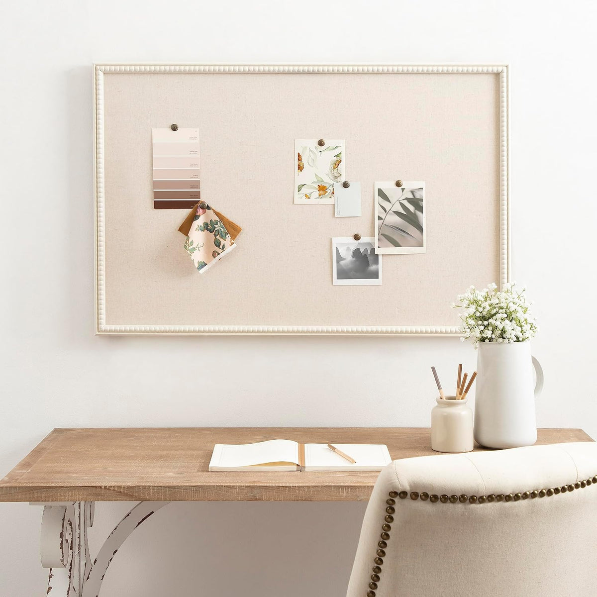 Kate and Laurel Makenna Rectangle Framed Linen Fabric Pinboard, 24 x 36, Soft White, Traditional Beaded Bulletin Board for Vintage Home Wall Organization or Aspirational Vision Board