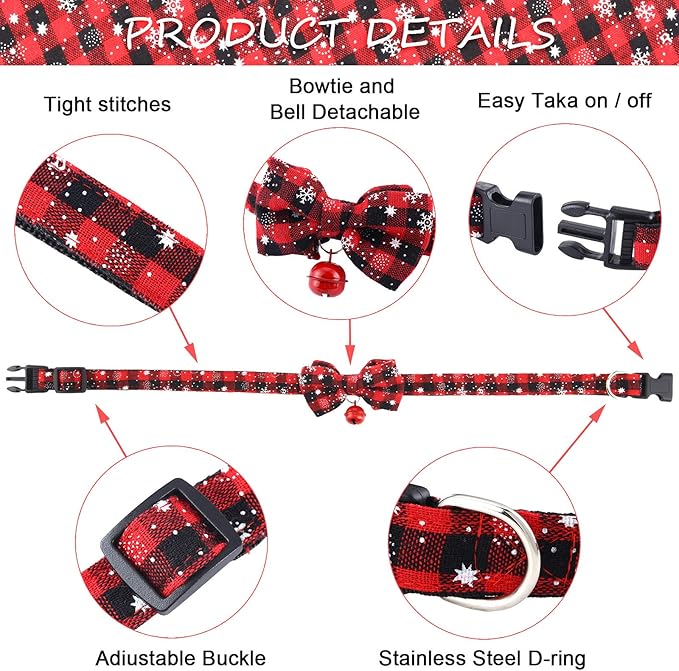 4 Pieces Christmas Dog Bandanas and Collars Set Xmas Christmas Classic Plaid Dog Neck Tie Triangle Bib Scarf Kerchief Adjustable PET Bow Tie with Safety Bell Costume for Cat(L,Stylish Style)