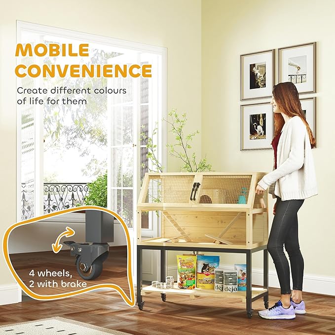 PawHut Hamster Cage with Storage Shelf, Wooden Rat Cage on Wheel, Small Aniaml Cage with Seesaws, Water Bottle, Hut & Ramps, for Dwarf, Gerbil, Syrian Hamster, Mouse, 34" L x 17" W x 40" H