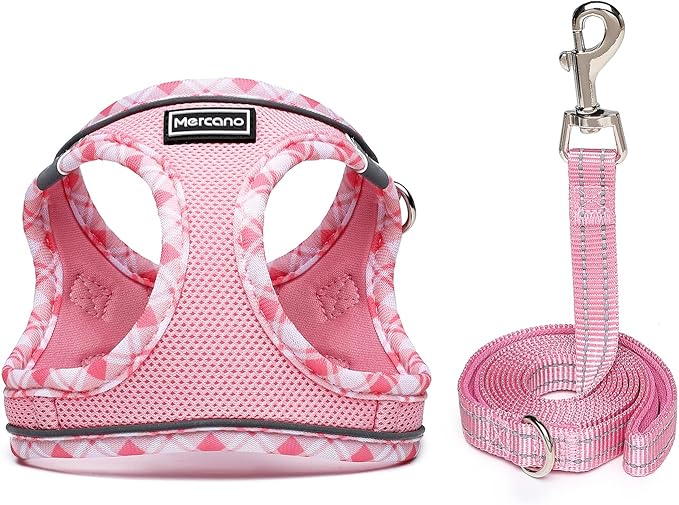 Mercano Soft Mesh Dog Harness and Leash Set, No-Chock Step-in Reflective Breathable Lightweight Easy Walk Vest Harnesses with Safety Buckle for Small Dogs, Cats (Pink, XL)
