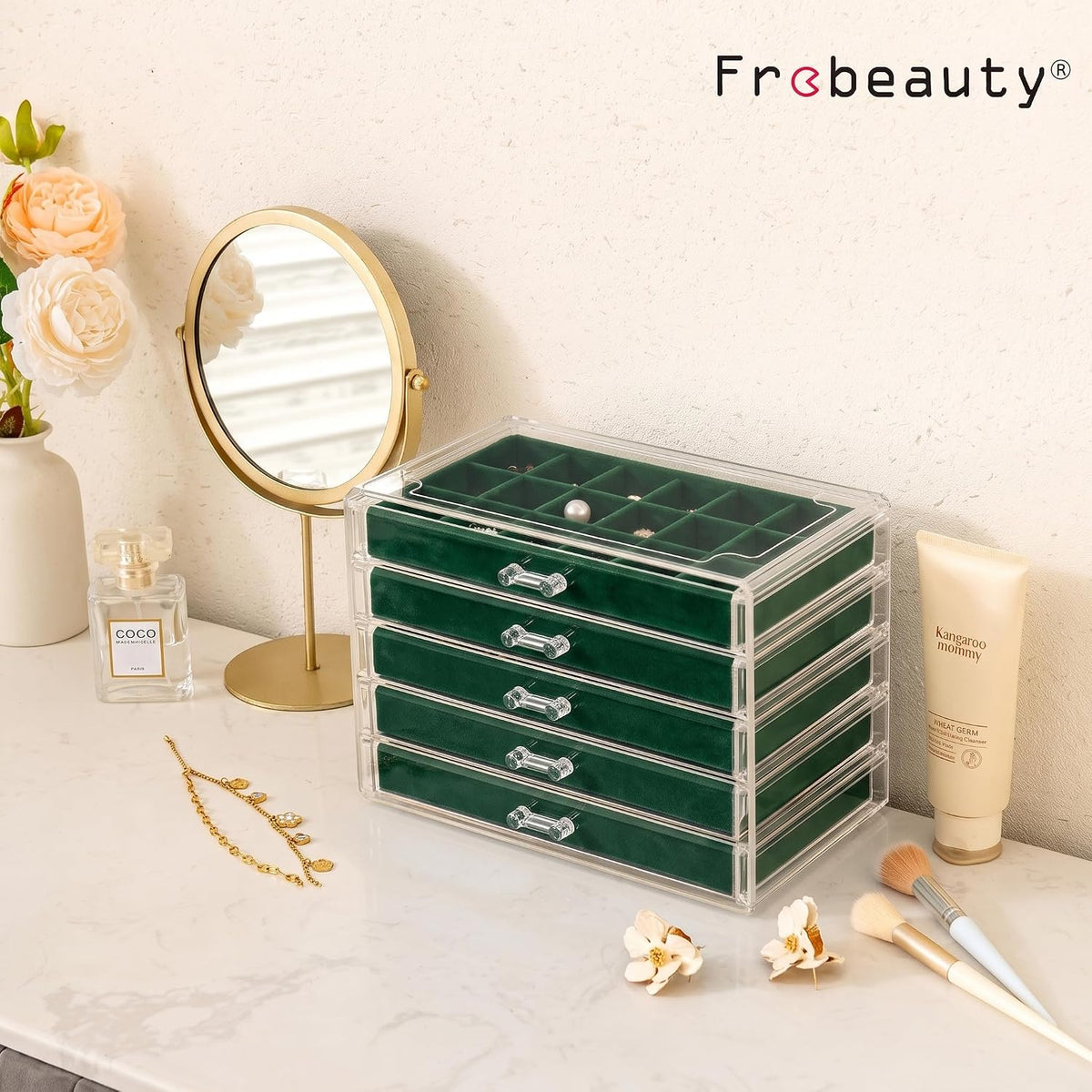 Frebeauty Acrylic Jewelry Box for Earrings,Jewelry Organizer with 5 Drawers
