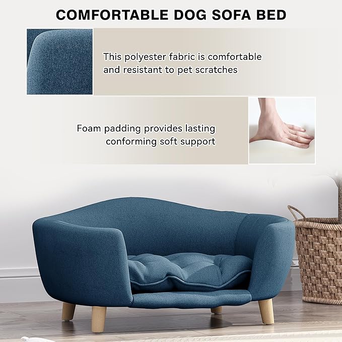 Dog Sofa Couch Bed for Small Dogs, Durable Fabric Rectangle Pet Sofa with Soft Cushion, Modern Elegant Elevated Mini Dog Couch Bed with Backrest and Armrests, Navy Blue