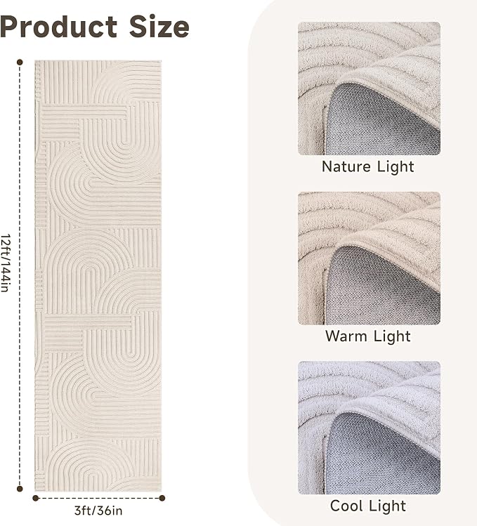 Pauwer 3x12 Washable Area Rugs for Living Room Modern Beige Solid Color Soft