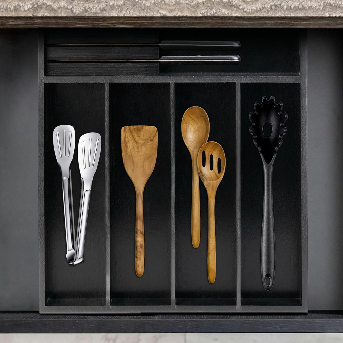 VaeFae Bamboo Silverware Drawer Organizer, 5 Slots, Black