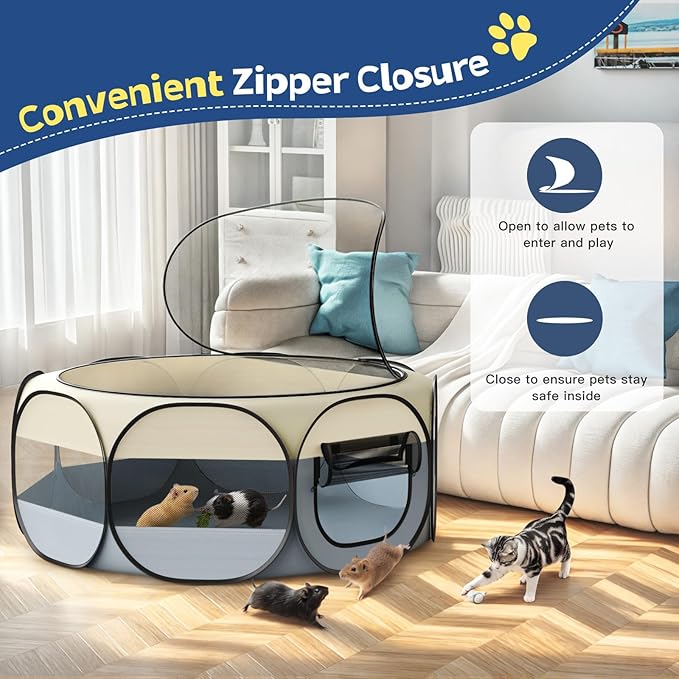 Small Animal Playpen, Chicken Brooder Box with Cover Top, Portable Outdoor Exercise Pet Cage Tent, Waterproof Breathable Pet playpen Indoor for Chick Ktiien Bunny Hamster Guinea Pig,Beige+Gray