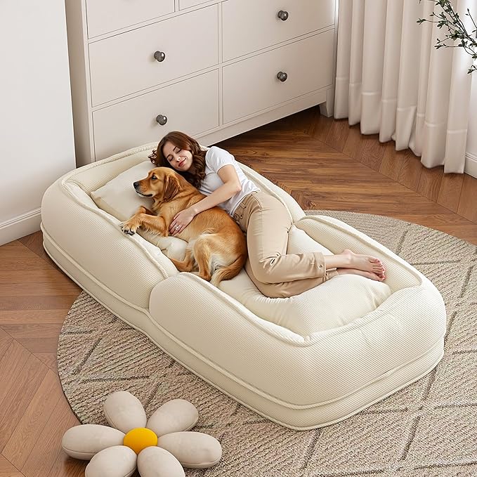 Adjustable 5-Position Human Dog Bed for People, Big Comfy Plush Floor Gaming Lazy Sofa Chair with Pillows & Back Support, Foldable Lounge Loveseat Couch for Living Room Bedroom (Off White)