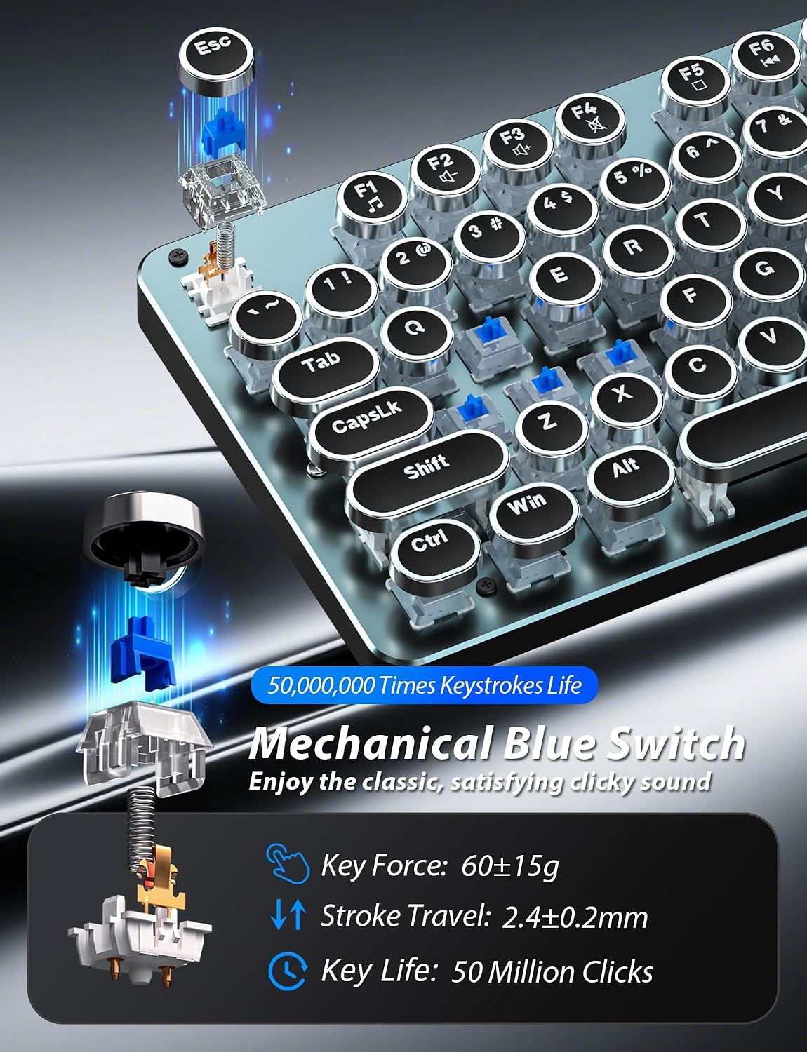 Typewriter Style Mechanical Gaming Keyboard Blue Switch, Rainbow LED Backlit Wired Computer Keyboards Mouse and Pad Combo, Metal Panel Retro Punk Round Keycaps, 104 Keys Anti-Ghost for PC Laptop Gamer