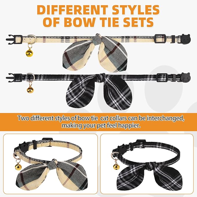 KOOLTAIL Cat Collar Breakaway with Bowtie and Bells, 2 Pack Cute Kitten Collars for Boys & Girls, Classic Plaid Design with Safety Buckle Adjustable for Small Large Cats Puppy,Black & Beige