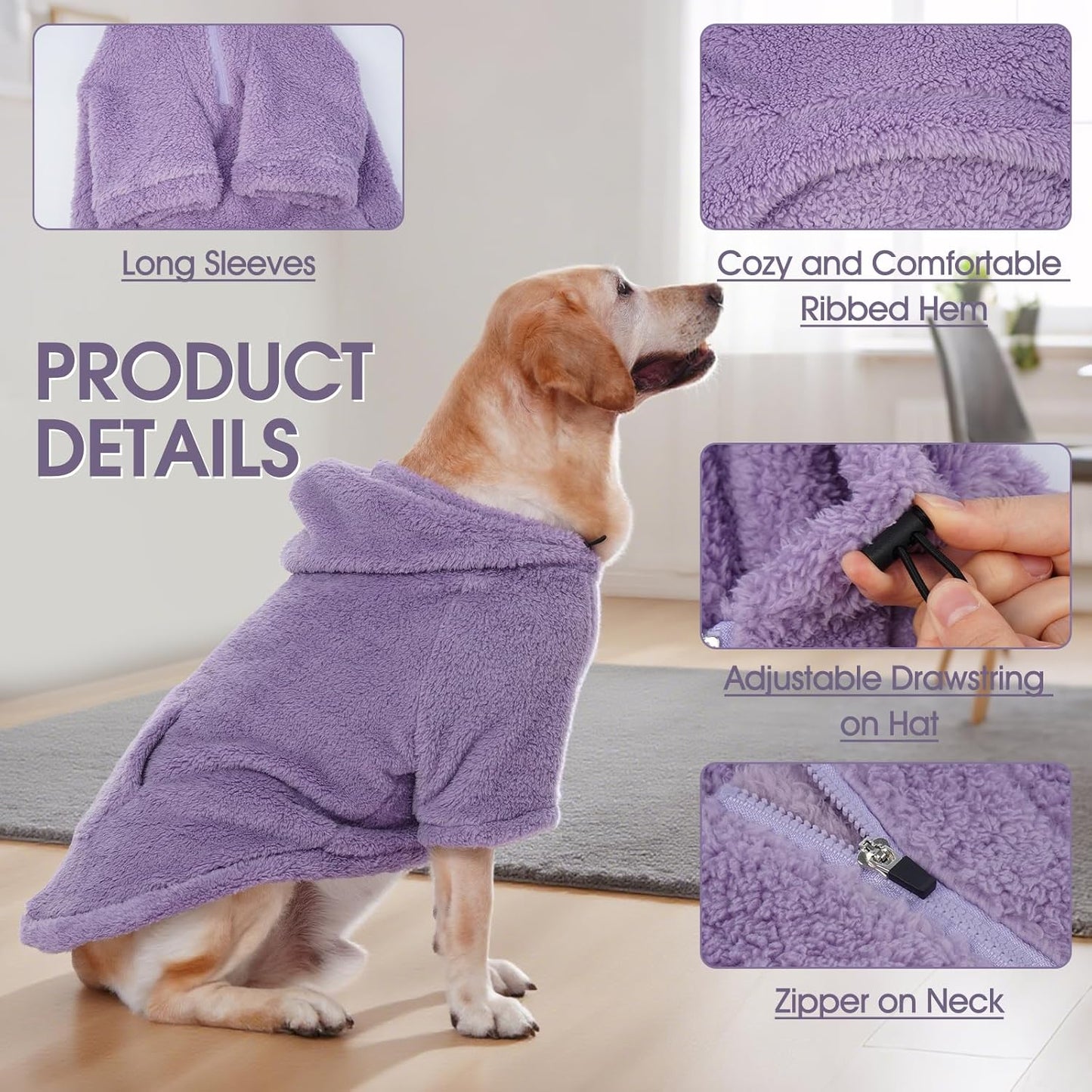 IDOMIK Fuzzy Dog Sweater with Adjustable Hood, Warm Fleece Dog Sweater Hoodie with Harness Hole & Pocket, Pullover Sweaters for Large Dogs, Fuzzy Hooded Sweatshirt for Fall Winter Christmas,Purple,XL