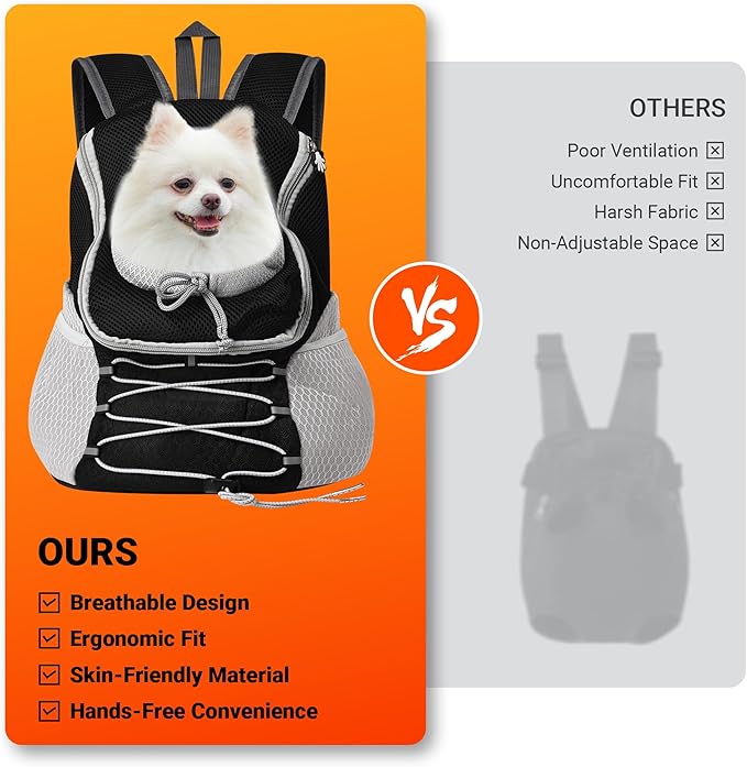 Dog Carrier Backpack for Small Dogs｜Pet Travel Shoulders Bag - Puppy Holder for Chest-Front Dog Baby Carring Ventilated for Hiking & Camping, Black Grey, L