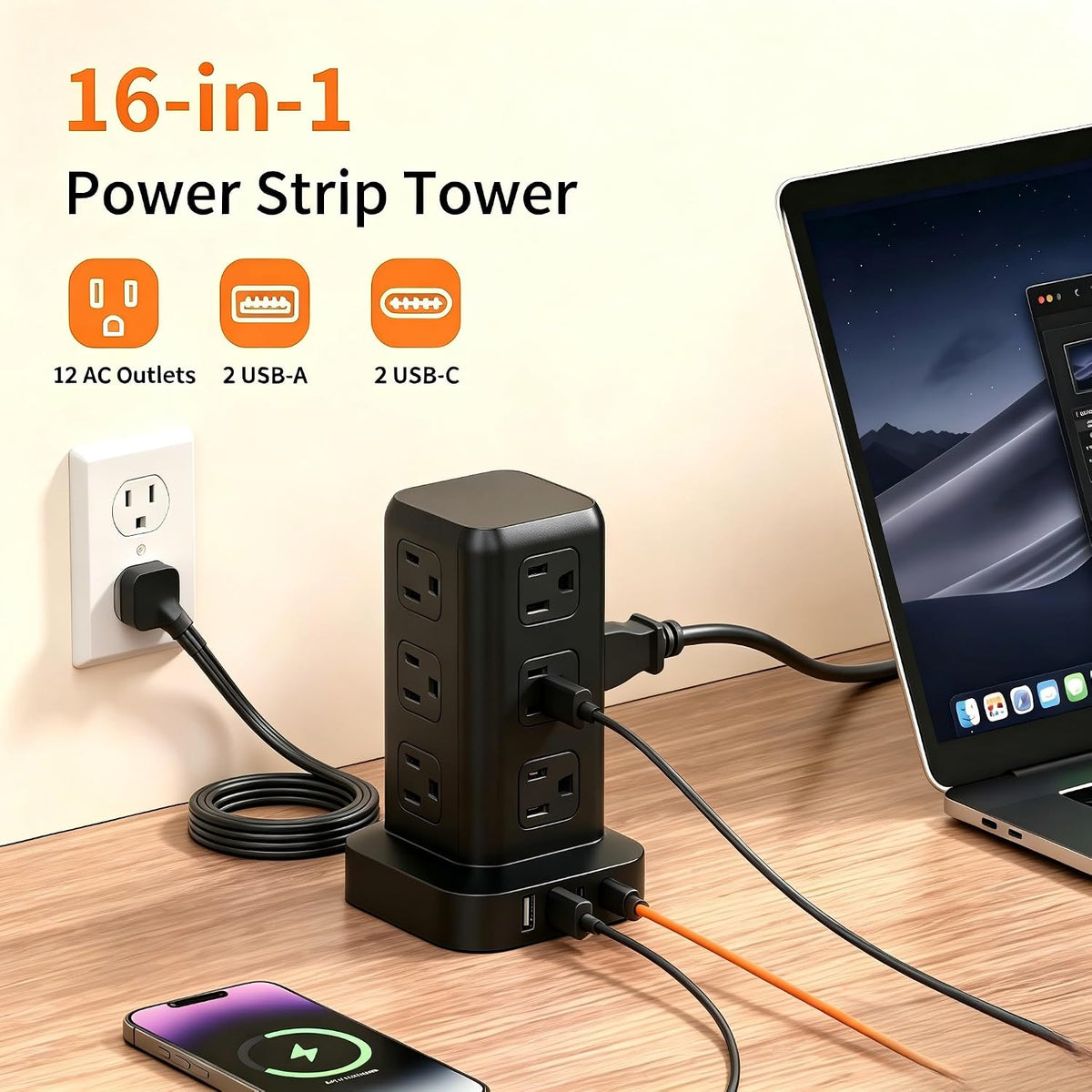 Extension Cord with Multiple Outlets, SMALLRT Flat Plug Power Strip Tower with USB 12 AC Outlets, 6.5FT Ultra Thin Extension Cord Outlet Extender for Home Office, Black