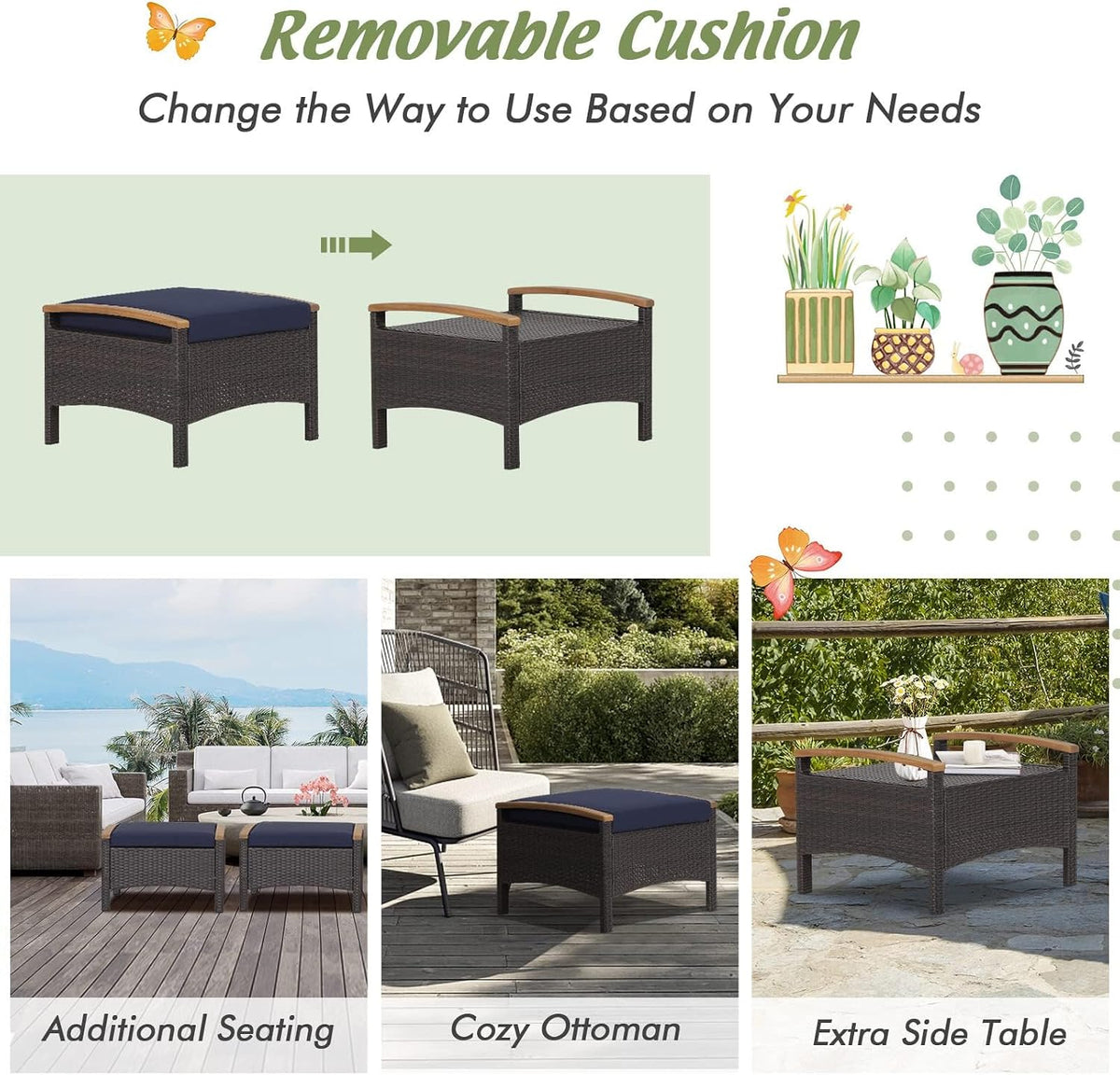 HAPPYGRILL Outdoor Patio Ottoman Set, PE Rattan Wicker Ottomans
