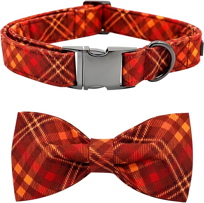 Fall Dog Collar, Pet Collar Bow Plaid Pet Collars Girl Boy Holiday Pet Collars Gift Bow Collars Cute Soft Puppy Collars for X-Large Dogs