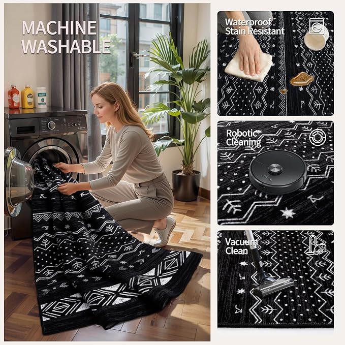 SERISSA 9x12 Area Rugs for Living Room, Washable Non-Slip Black and White Boho
