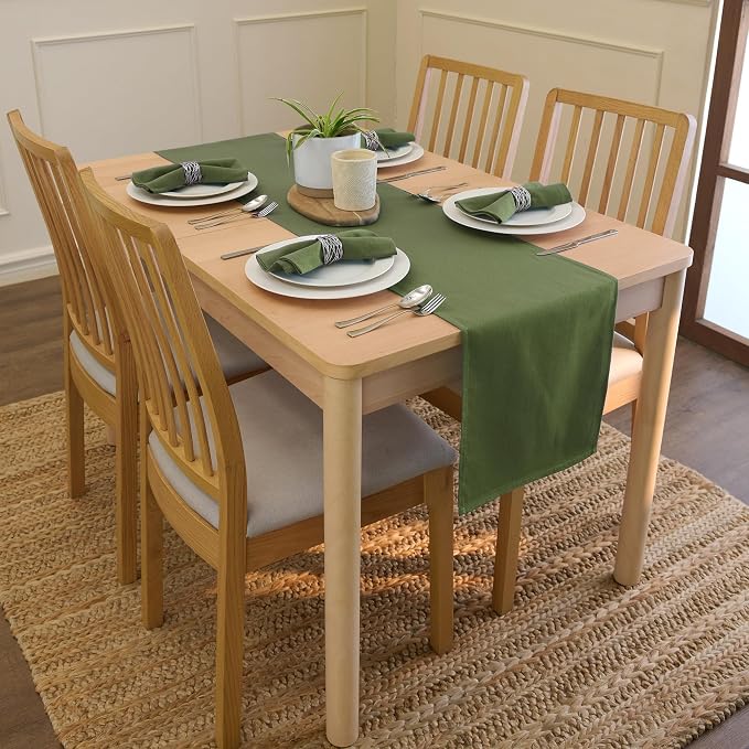 Encasa XO Table Runner, Cotton Canvas Dining Runner 13"x104" | Leaf Green