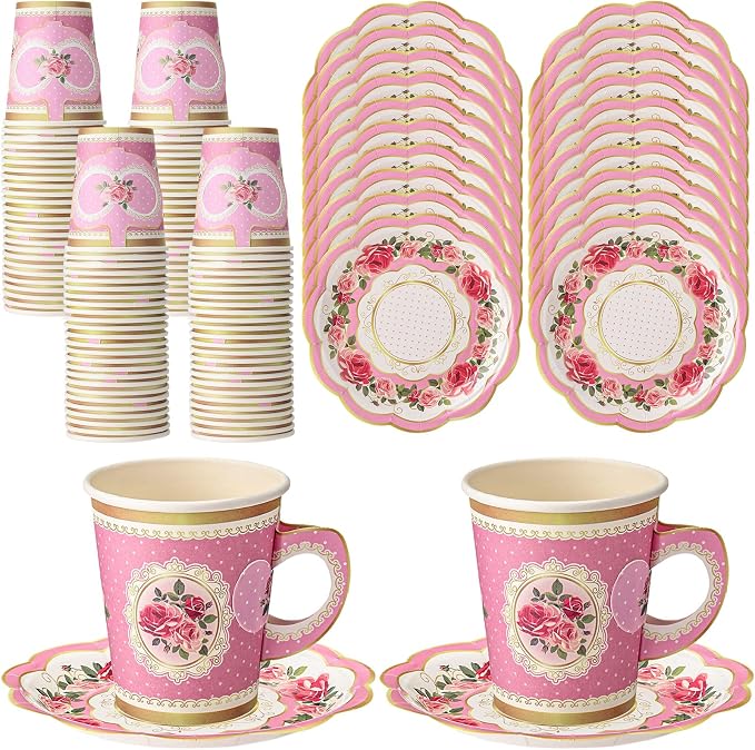 Tioncy 100 Pcs Tea Party Decorations Include 50 Pieces 9 oz Paper Tea Cups