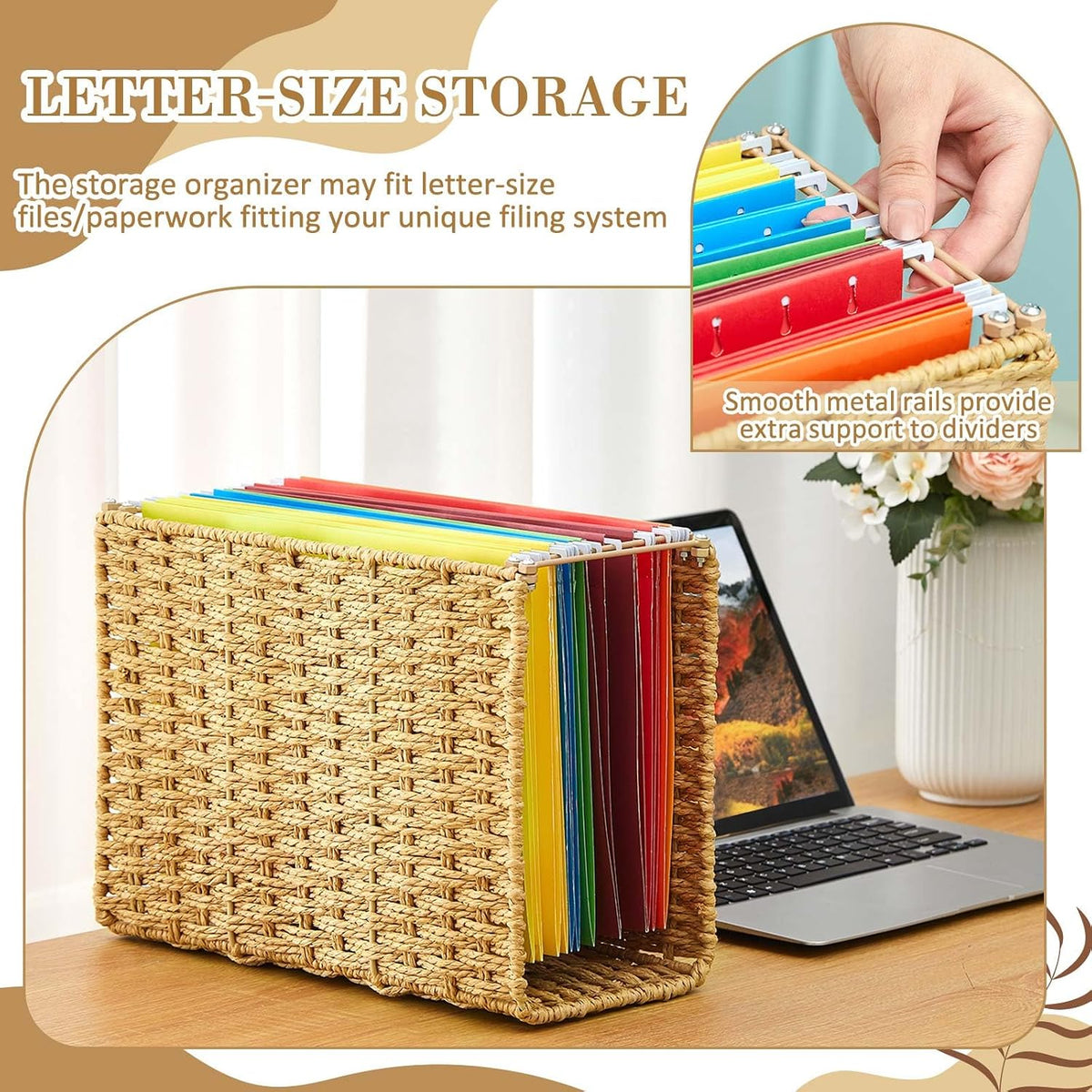 Paper Rope Hanging File Basket with Handle 13.6" x 9.8" x6.6", 1 Pcs, Brown