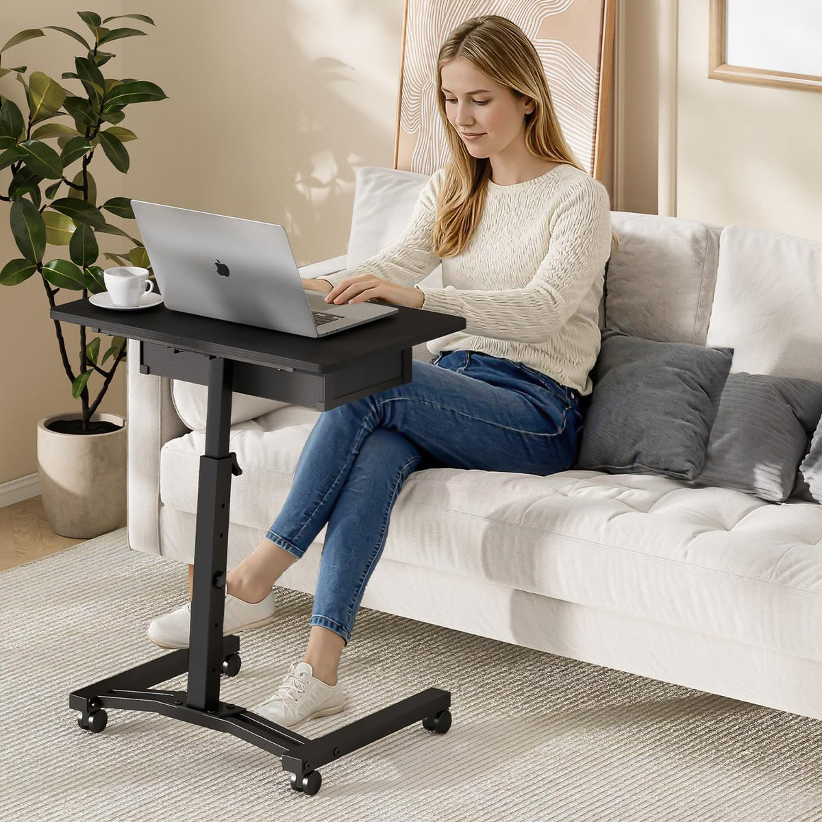 Rolling Adjustable Height Computer Desk With Drawers, Small Mobile Laptop Desk Cart On Wheels For Small Spaces Home Office, Portable Sitting Laptop Table For Bed Couch Load Up To 60LBS, Sturdy, Black