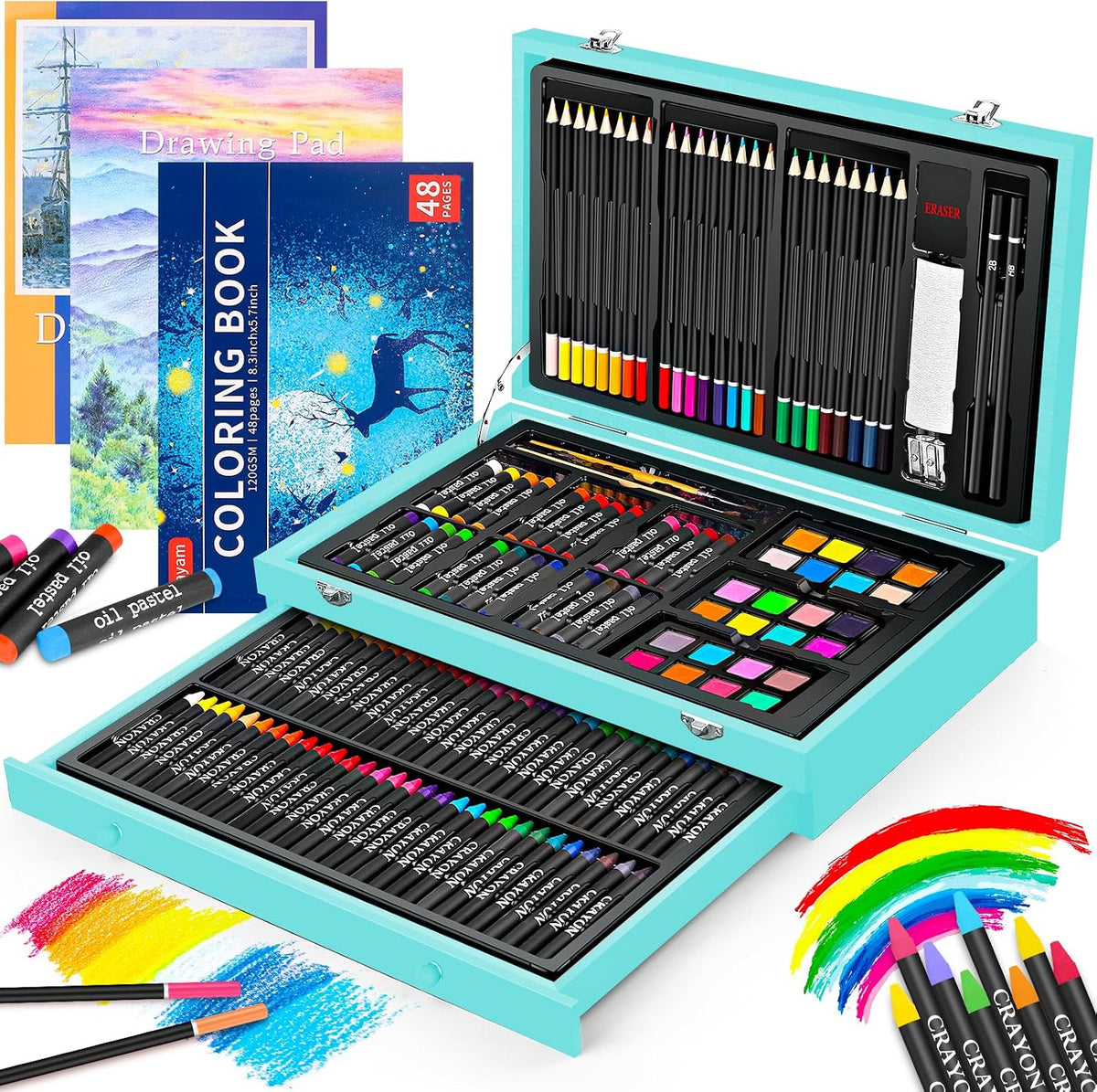 iBayam 150-Pack Deluxe Art Supplies with 1 Coloring Book, 2 Sketch Pads