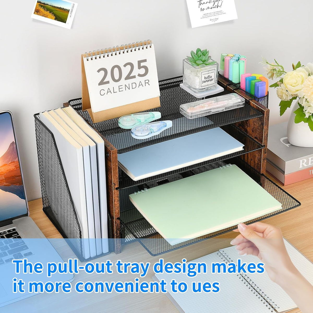 OPNICE Desk Organizer, 4-Tier Desktop File Organizer with Drawer and Pen Holders, Office Desk Accessories, File Sorters, Workspace Organizers for Office Supplies(Brown Wood)