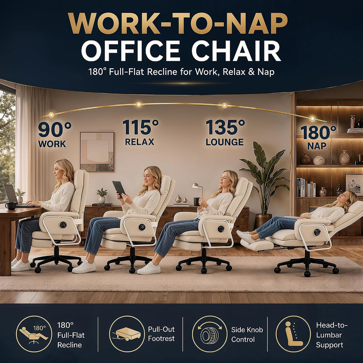 180° Reclining Office Chair with Footrest, PU Leather, Beige