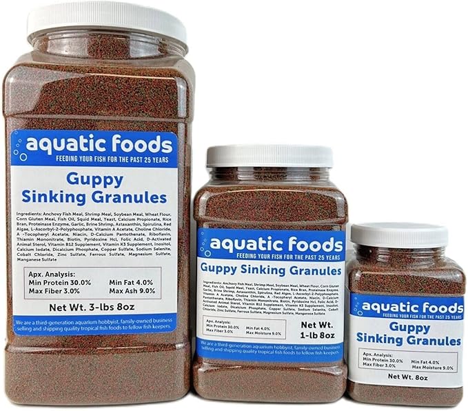 Aquatic Foods Inc. Guppy Micro Sinking Granules, Color Enhancing and Spirulina Mix for Guppies, Tetras, All Live Bearers, Baby Cichlids...WL 8oz Sm Jar