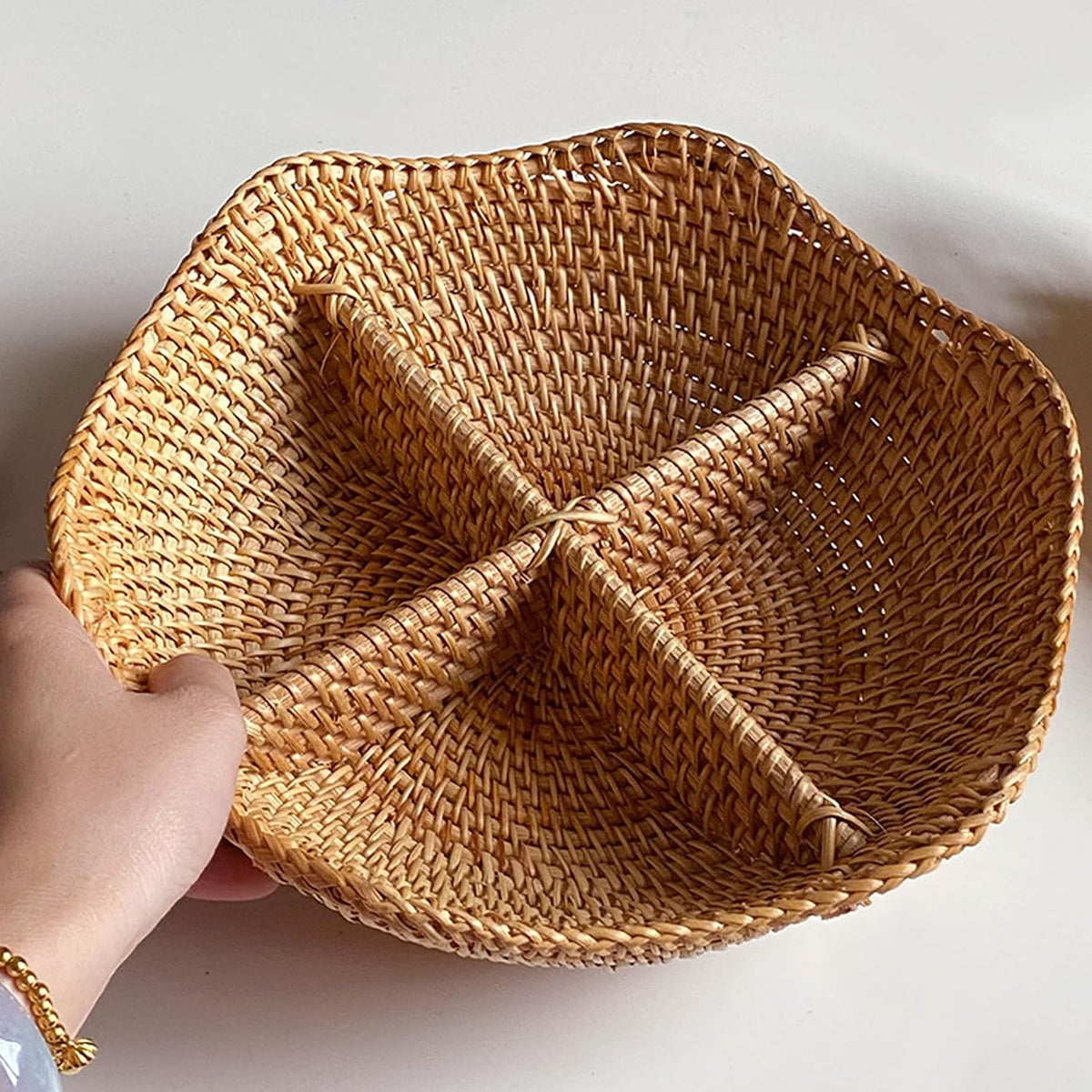 i-lan 11" Divided Rattan Serving Tray, 4-Compartment Woven Snack Bowl