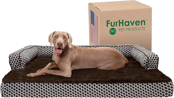 Furhaven Memory Foam Dog Bed for Large Dogs w/ Removable Bolsters & Washable Cover, For Dogs Up to 125 lbs - Plush & Woven Decor Comfy Couch Sofa - Diamond Brown, Jumbo Plus/XXL