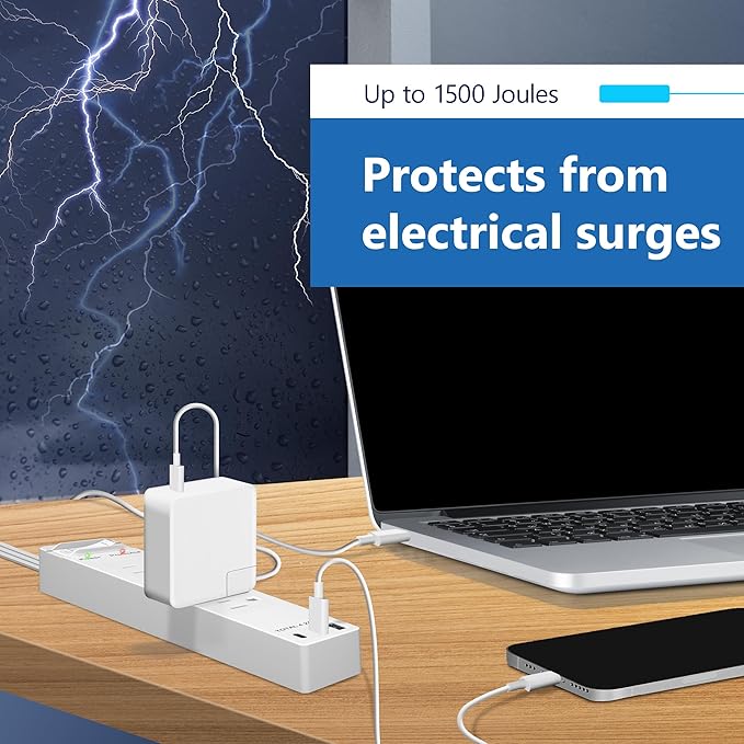 LIDER Outlet Extender with 4 Receptacles, USB Type-A and 2 USB Type-C, Ultra-Thin Flat-Plug, 4-Outlet Power Strip, 45 Degree Angle, Surge Protector, 1500 Joules, 5ft Cord, UL-Listed, White, 2 Pack