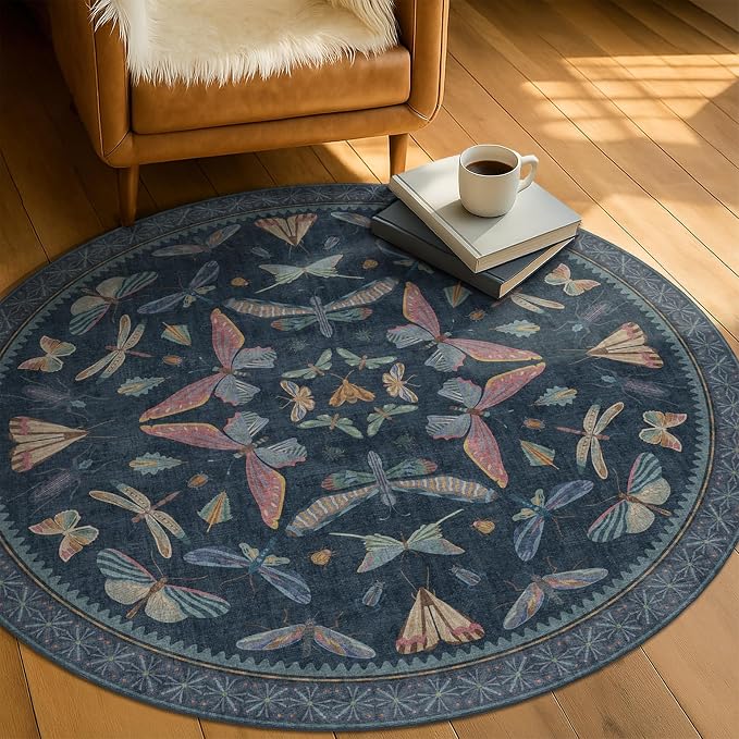 5ft Round Dark Blue Rug for Entryway Indoor, Soft Washable Circle Throw Rug for