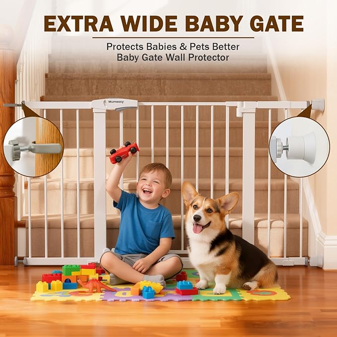 Mumeasy 29.7–51 Inch Extra Wide Baby Gate for Stairs, Extra Long Indoor Dog Gate for Doorways, Pressure Mounted Walk Thru Child Gate with Auto-Close, No-Drill Safety Pet Gate with Door for House,White
