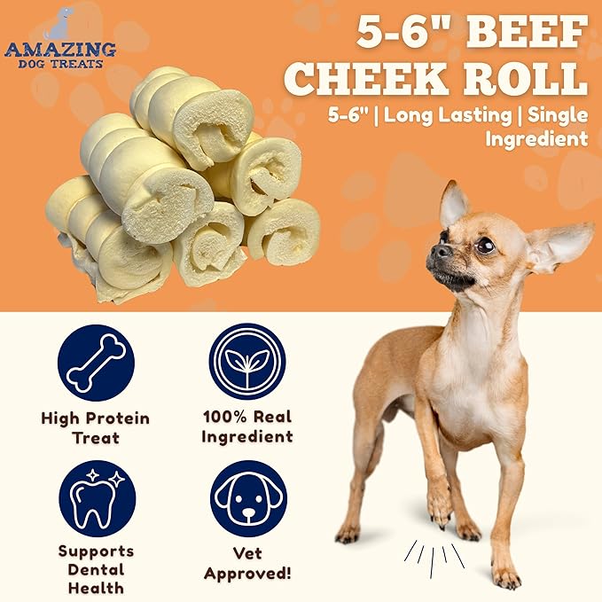 Amazing Dog Treats - Beef Cheek Rolls (Mega Thick 5-6" - 8 Pcs) - Safe Rawhide Alternative Dog Chew - Great for Power Chewers - Long Lasting Dog Chew - Retriever Rolls for Dogs
