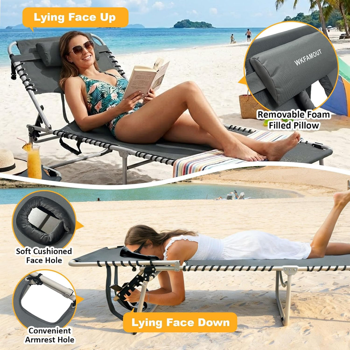 Backpack Sun Tanning Chair with Face Hole & Beach Table, 5-Position Adjustable Folding Lounge Chair Outdoor for Lawn Patio Garden