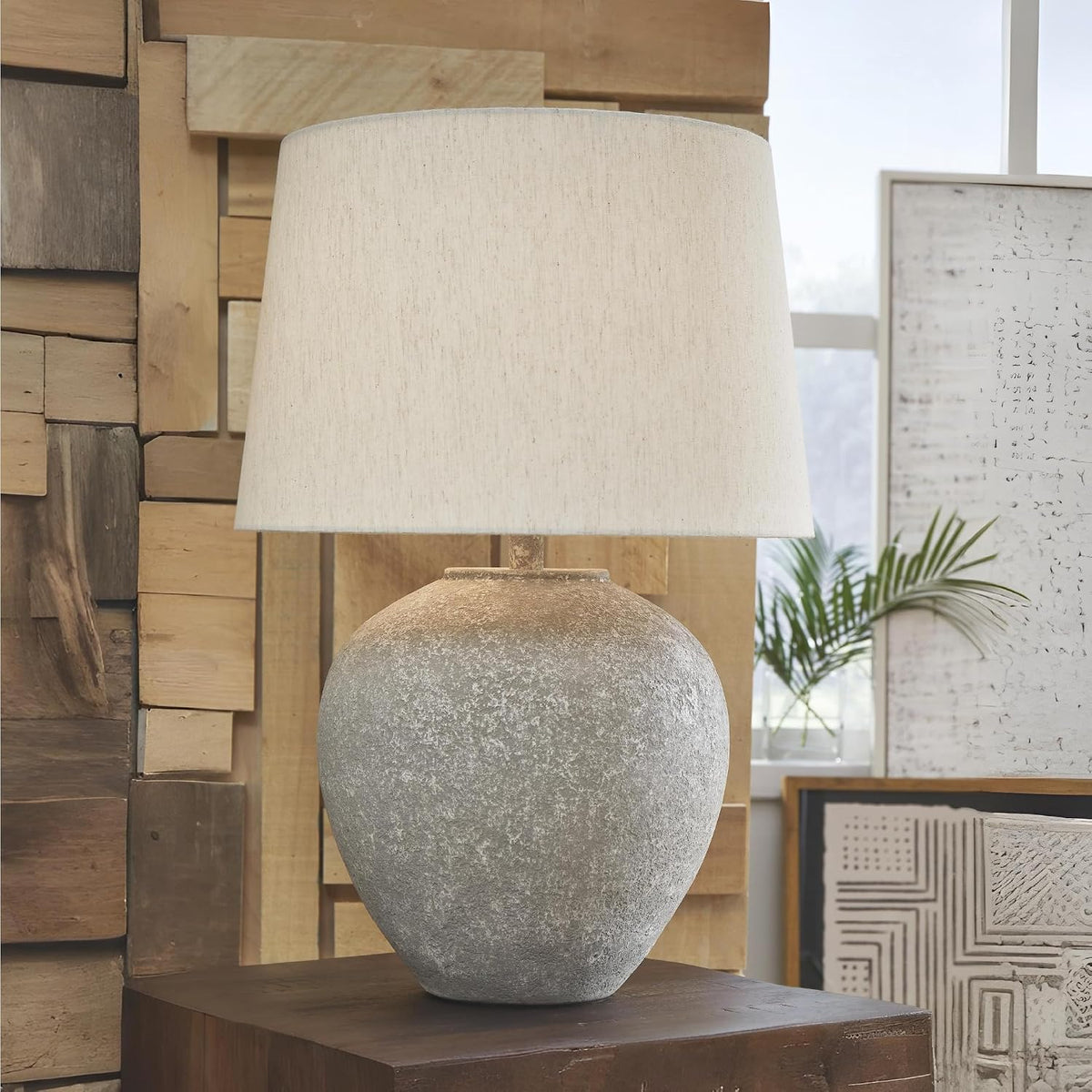 Signature Design by Ashley Dreward Table Lamp, Distressed Faux Stone Look, Textured Metal and Paper Composite Construction, for Living Room Consoles and Bedside Decor, Distressed Gray, 26" Tall