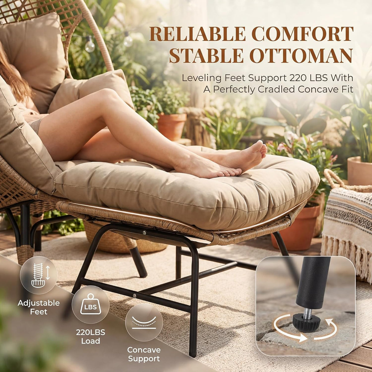 RADIATA Outdoor Egg Chair w/Ottoman, Oversized Wicker Patio Lounger