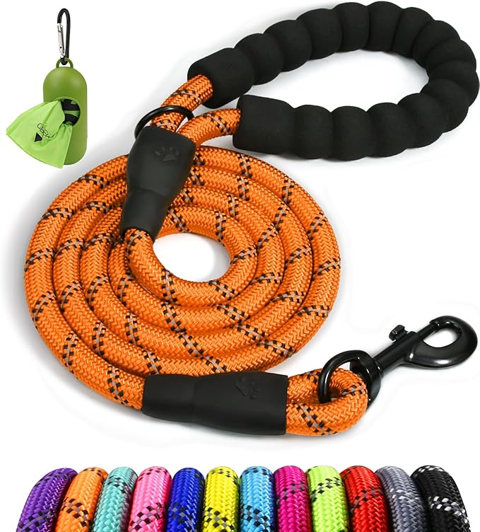 Taglory Rope Dog Leash 4 FT with Comfortable Padded Handle, Highly Reflective Threads Leash and Anti-Tangle Clip for Walking Small Dogs, 3/8 inch, Orange