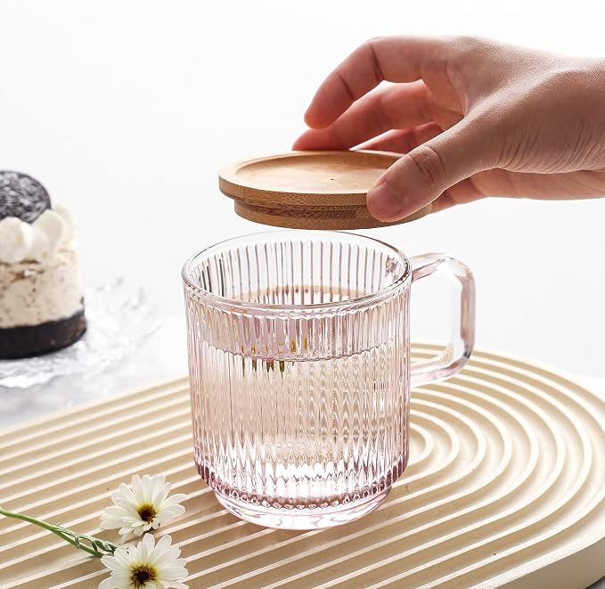 Lysenn Pink Glass Mug with Lid, Premium Glass Coffee Mug, 12 oz Tea Cup |