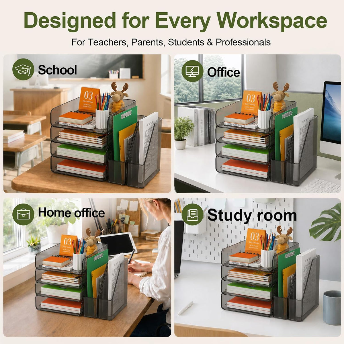 FANXIYQ 4-Tier Brown Acrylic Paper Tray Organizer with 2 Bookends