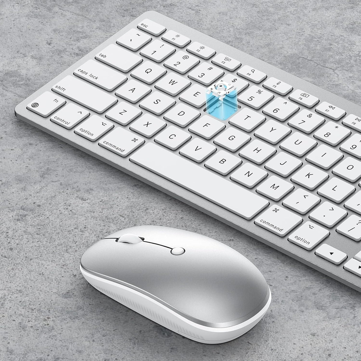 Wireless Keyboard and Mouse for Mac, 14 Media Shortcuts Keyboard with Adjustable DPI Mouse, Slim & Portable Design, Stable Bluetooth Connection, Silver-White,OMOTON