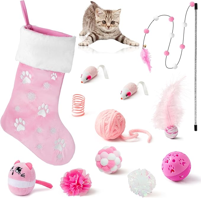 MALLMALL6 Christmas Stocking Cat Toys - 12Pcs Interactive Kitty Gifts Pink Xmas Hanging Stocking Feather Teaser Wand Mice Crinkle Bells Ball Spring Toys for Indoor Kitten