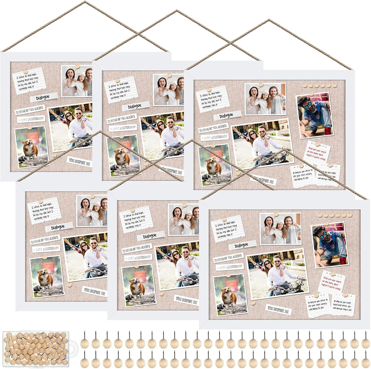 Teling 6 Pack Wood Bulletin Boards with Linen 12''x 16'' Cork Board for Walls with 60 Pushpin Decorative Wood Framed Display for Classroom School Office Bedroom (White)