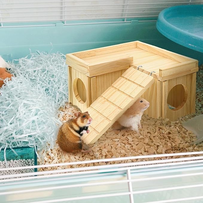Wooden Hamster Hideout, Multi-Chamber Hamster House Maze, Hamsters Secret Peep Shed, Gerbils Chamber Hut with Ladder, Detachable Small Animals Cage Accessories for Small Animal